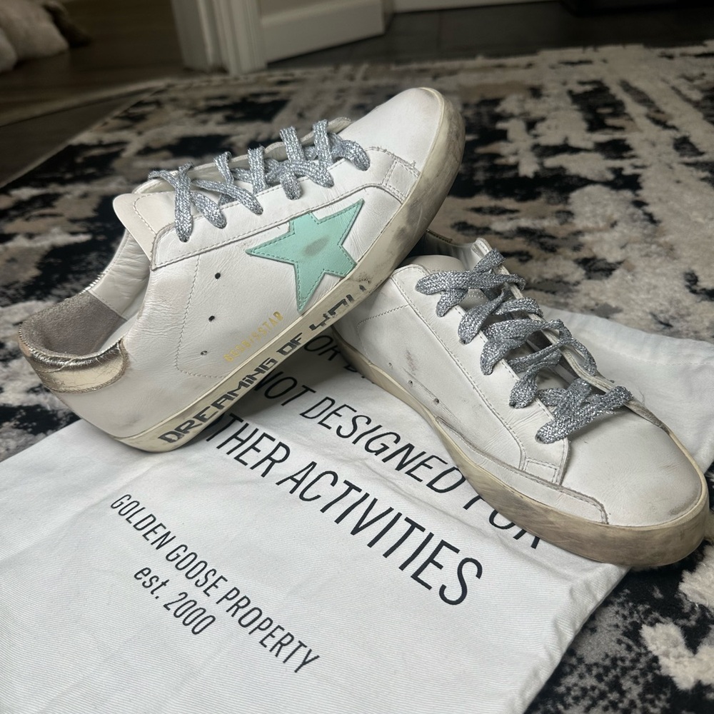 Golden Goose Super Star Sneakers with Mint Green Star and Silver/Gold Accents 7 - Picture 5 of 15